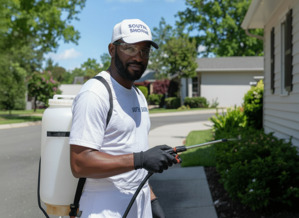 A professional exterminator wearing a uniform labeled “South Shore” sprays pesticide along the exterior wall of a suburban home on a sunny day.